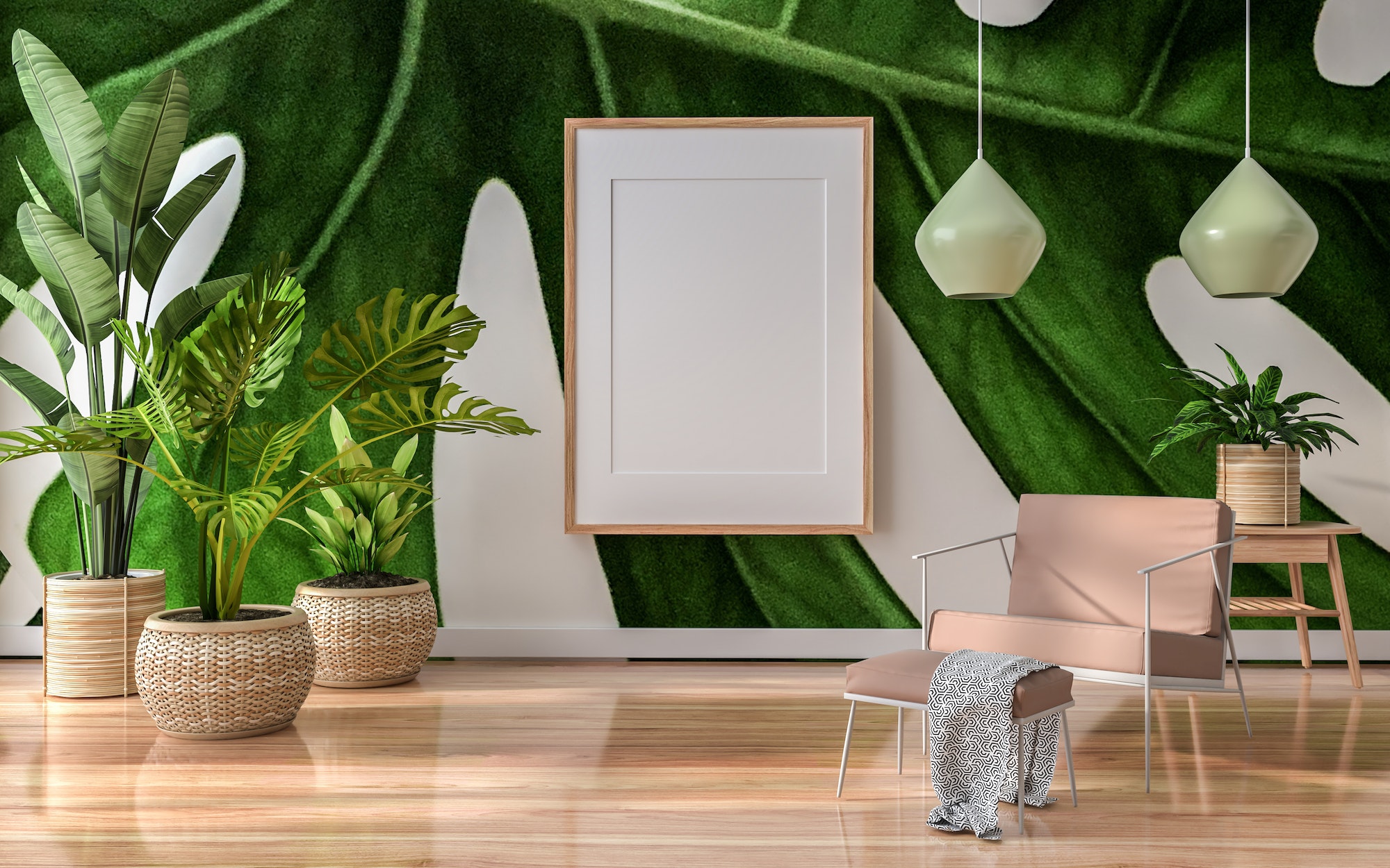 3D illustration Mockup photo frame in living room rendering