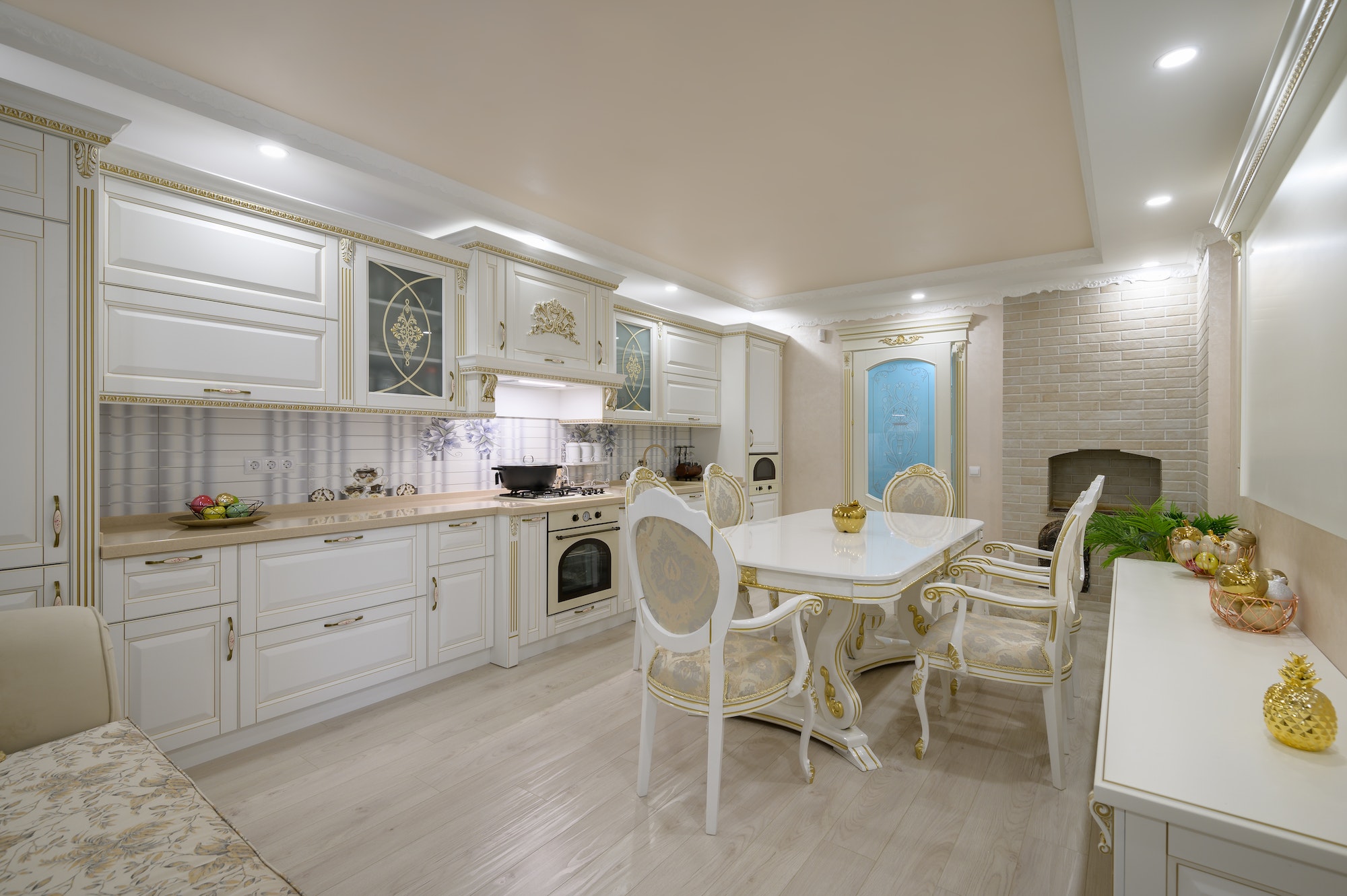 Renovated Interior of rich classic white kitchen